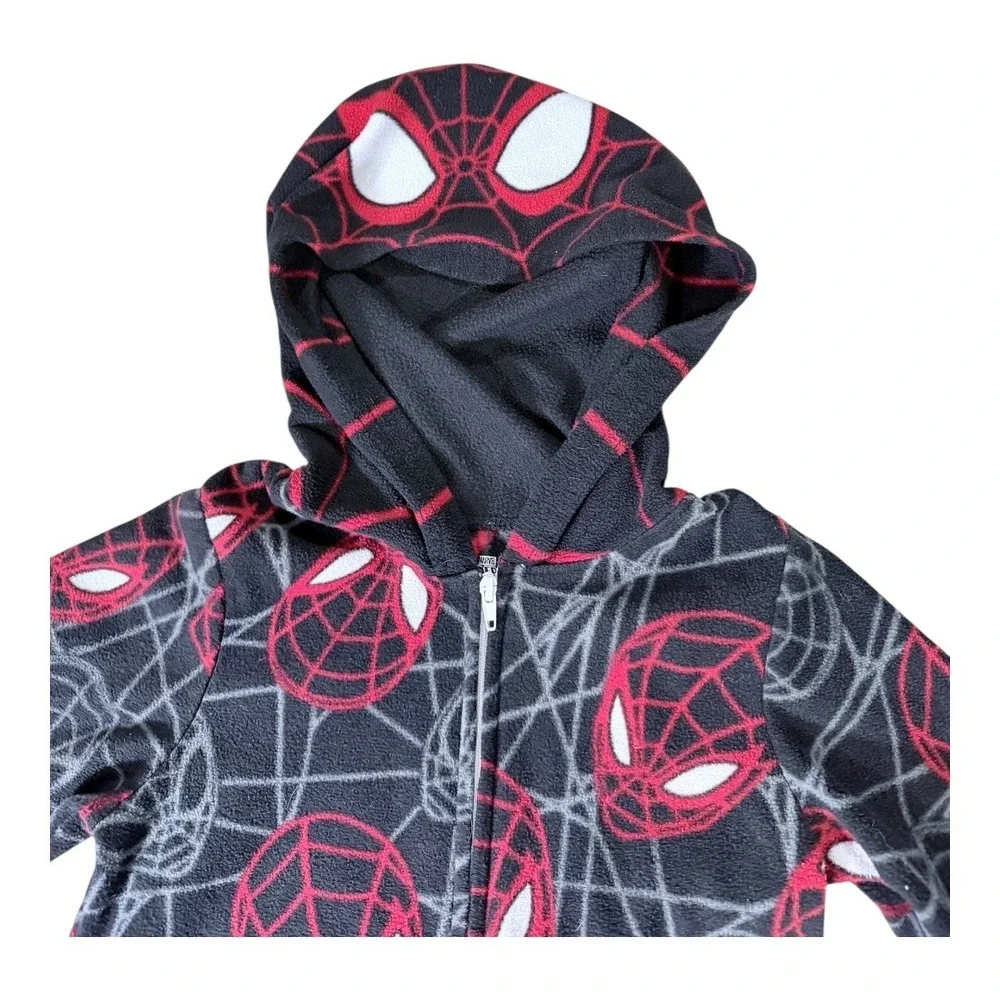Marvel Spider-Man Pajamas Kids XS 4/5 Fleece Hooded One-Piece Union Suit Black